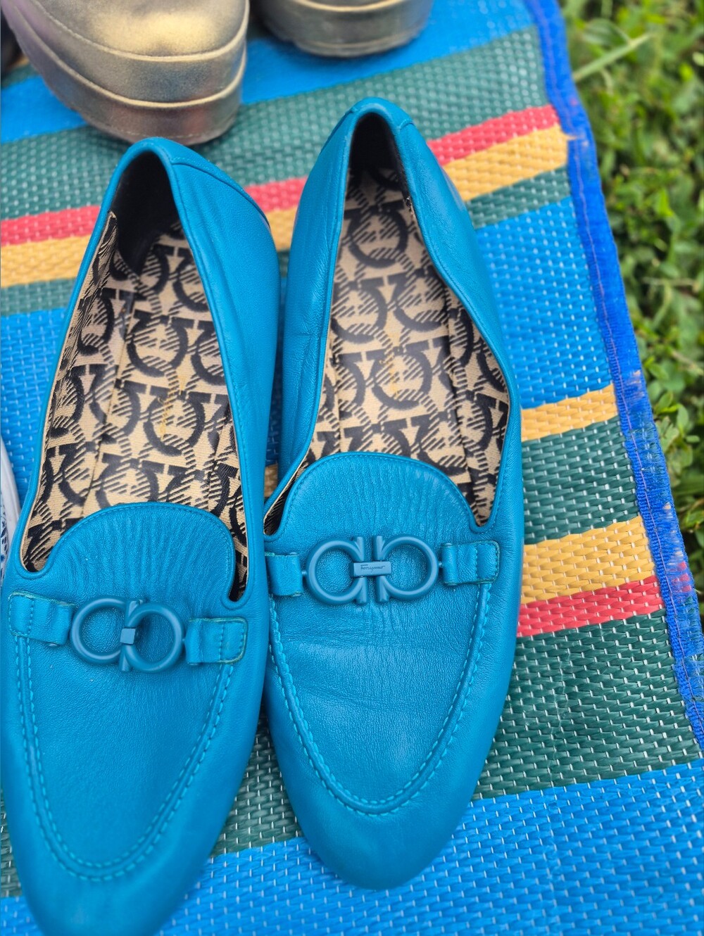 Salvatore Ferragamo Teal Leather Loafers with Signature Gancini